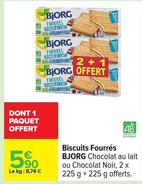Biscuits Fourrés BJORG Chocolat au lait ou Chocolat Noir, 2 x 225 g + 225 g offerts