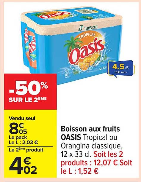 Boisson aux fruits OASIS Tropical ou Orangina classique, 12 x 33 cl