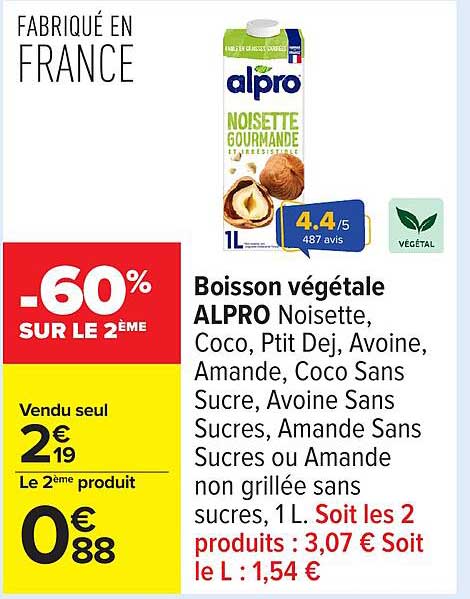 Boisson végétale ALPRO Noisette, Coco, Ptit Dej, Avoine, Amande, Coco Sans Sucre, Avoine Sans Sucres, Amande Sans Sucres ou Amande non grillée sans sucres, 1L