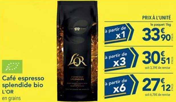 Café espresso splendide bio L'OR en grains