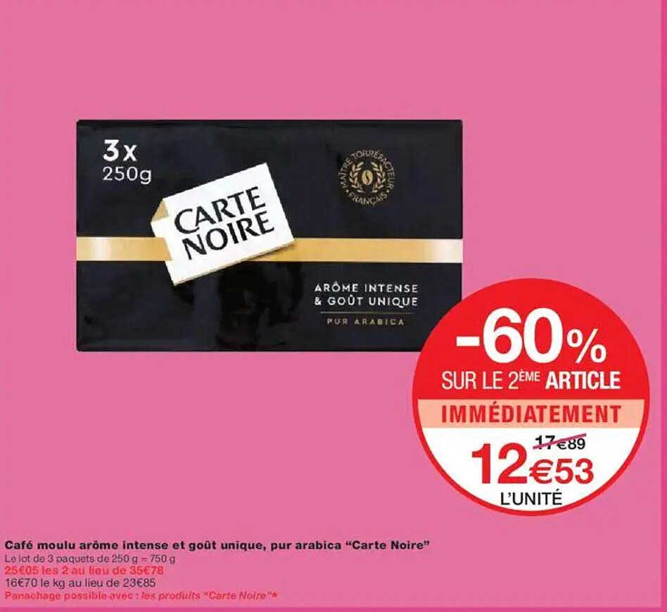 Café moulu arôme intense et goût unique, pur arabica “Carte Noire”