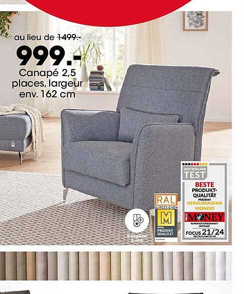 Canapé 2,5 places, largeur env. 162 cm
