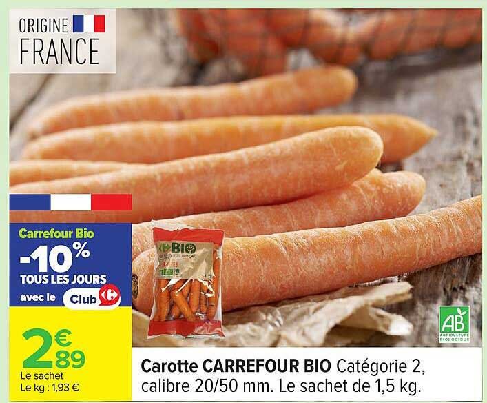 Carotte CARREFOUR BIO Catégorie 2, calibre 20/50 mm. Le sachet de 1,5 kg.