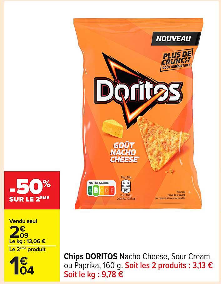 Chips DORITOS Nacho Cheese, Sour Cream ou Paprika, 160 g. Soit les 2 produits : 3,13 €