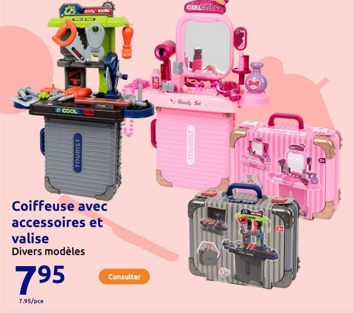 Coiffeuse avec accessoires et valise