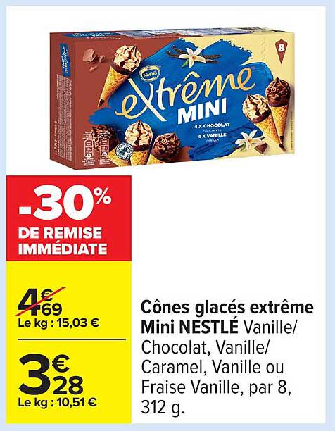 Cônes glacés extrême Mini NESTLÉ Vanille/ Chocolat, Vanille/ Caramel, Vanille ou Fraise Vanille, par 8, 312 g.