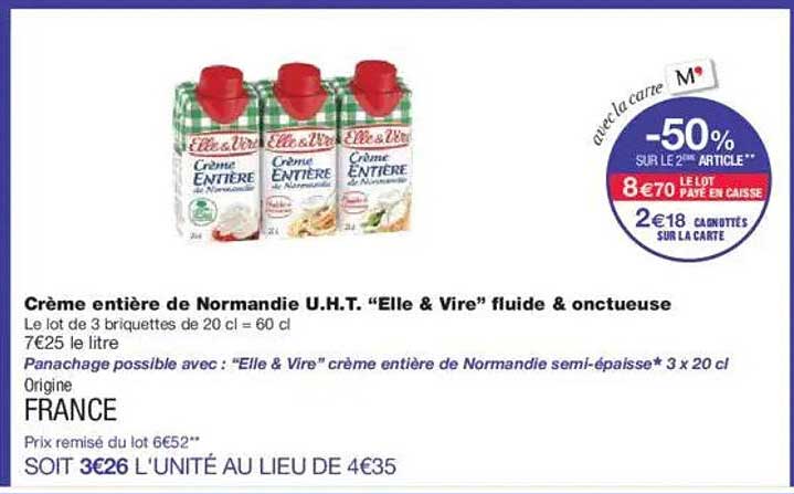 Crème entière de Normandie U.H.T. "Elle & Vire" fluide & onctueuse