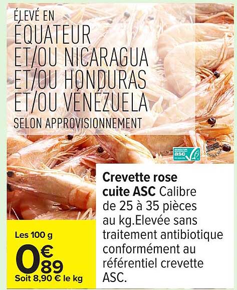 Crevette rose cuite ASC Calibre de 25 à 35 pièces au kg