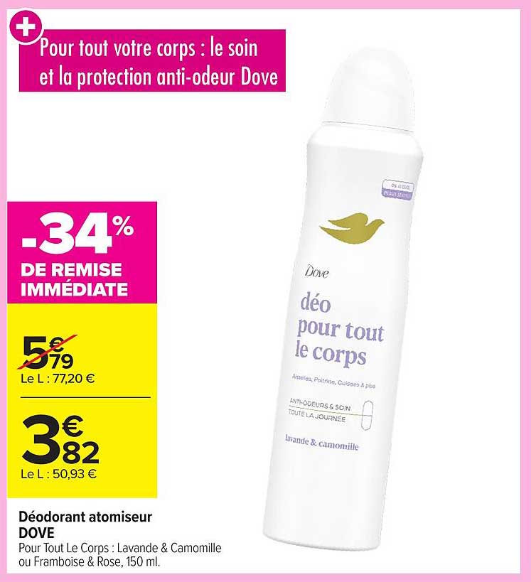 Déodorant atomiseur DOVE Pour Tout Le Corps : Lavande & Camomille ou Framboise & Rose, 150 ml.