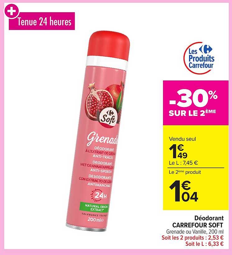 Déodorant CARREFOUR SOFT Grenade ou Vanille, 200 ml