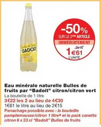 Eau minérale naturelle Bulles de fruits par "Badoit" citron/citron vert