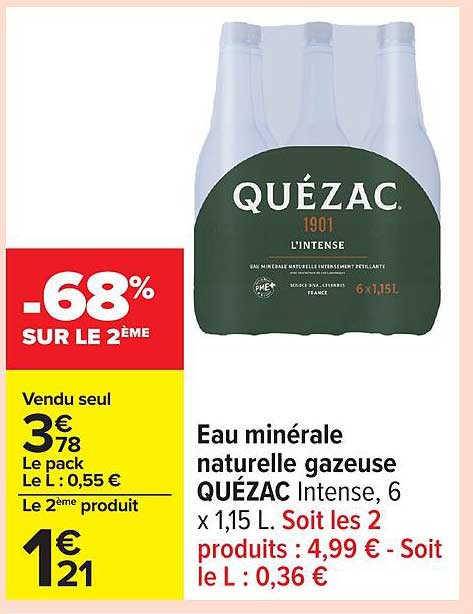 Eau minérale naturelle gazeuse QUÉZAC Intense, 6 x 1,15L