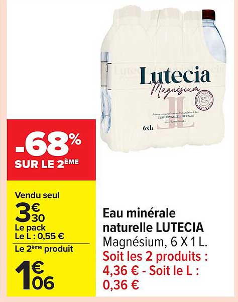 Eau minérale naturelle LUTECIA Magnésium, 6 X 1 L.