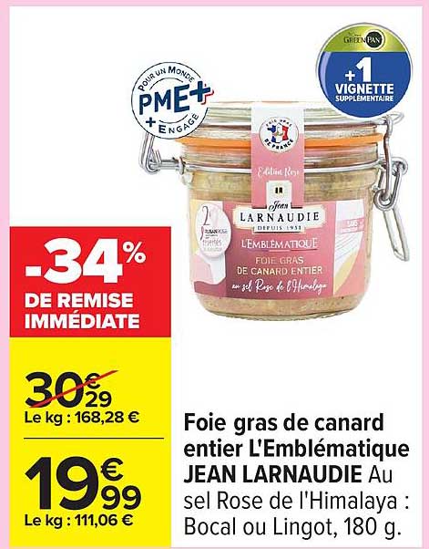 Foie gras de canard entier L'Emblématique JEAN LARNAUDIE Au sel Rose de l'Himalaya : Bocal ou Lingot, 180 g.