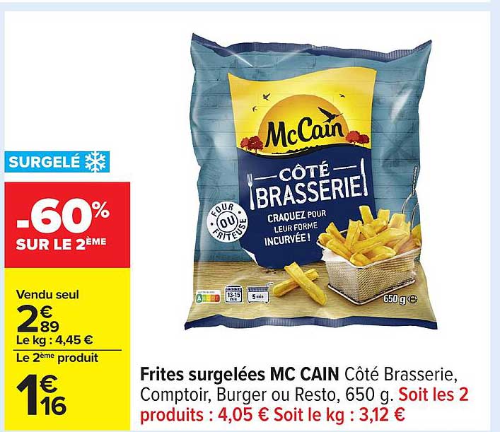 Frites surgelées MC CAIN Côté Brasserie, Comptoir, Burger ou Resto, 650 g.