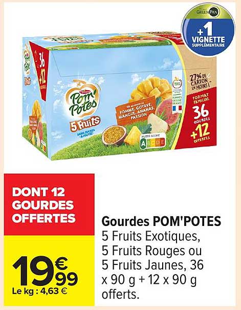 Gourdes POM'POTES 5 Fruits Exotiques, 5 Fruits Rouges ou 5 Fruits Jaunes, 36 x 90 g + 12 x 90 g offerts