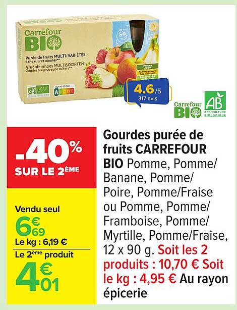 Gourdes purée de fruits CARREFOUR BIO Pomme, Pomme/Banane, Pomme/Poire, Pomme/Fraise ou Pomme, Pomme/Framboise, Pomme/Myrtille, Pomme/Fraise, 12 x 90 g