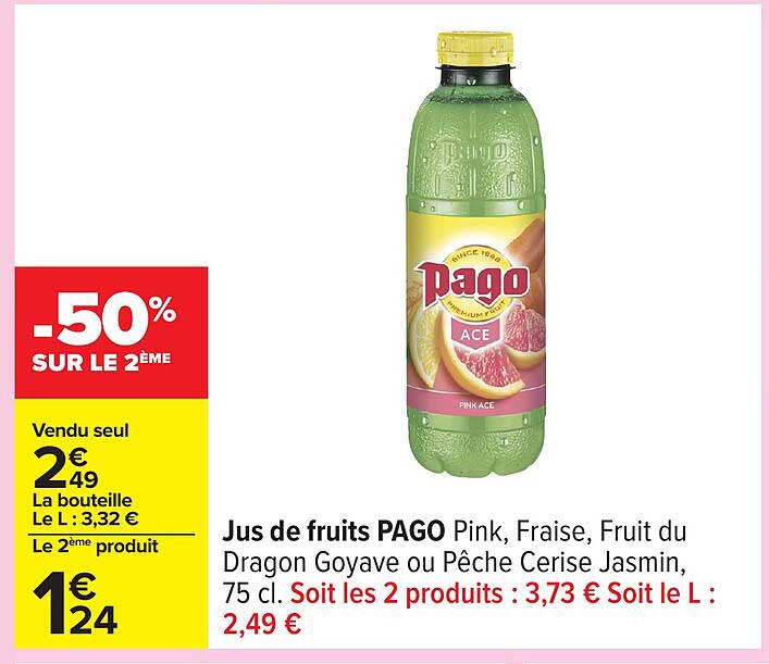 Jus de fruits PAGO Pink, Fraise, Fruit du Dragon Goyave ou Pêche Cerise Jasmin, 75 cl