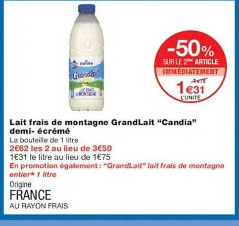 Lait frais de montagne GrandLait “Candia” demi-écrémé