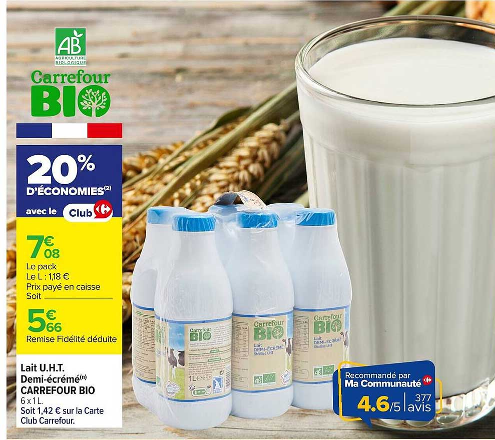 Lait U.H.T. Demi-écrémé Carrefour BIO 6 x 1 L