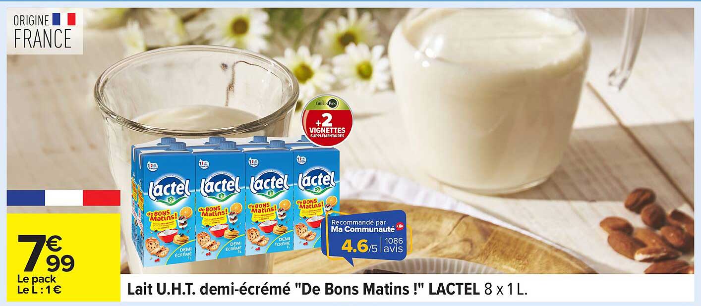Lait U.H.T. demi-écrémé "De Bons Matins !" LACTEL 8 x 1 L.