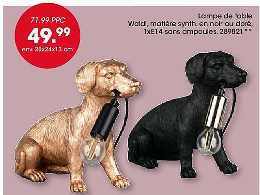 Lampe de table Waldi, matière synthétique en noir ou doré
