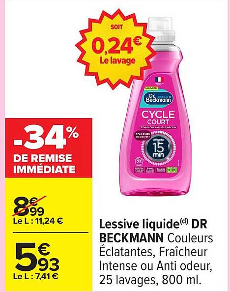 Lessive liquide(d) DR BECKMANN Couleurs Éclatantes, Fraîcheur Intense ou Anti odeur, 25 lavages, 800 ml.