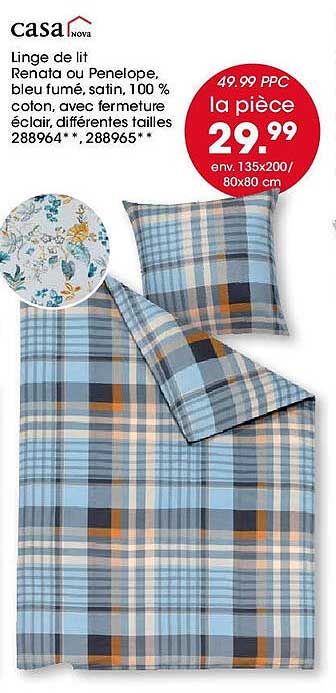 Linge de lit Renata ou Penelope, bleu fumé, satin, 100 % coton
