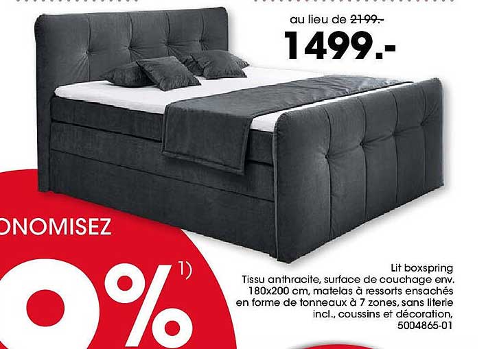 Lit boxspring tissu anthracite 180x200 cm