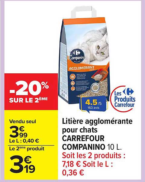 Litière agglomérante pour chats CARREFOUR COMPANINO 10 L.