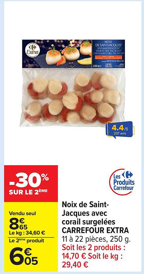 Noix de Saint-Jacques avec corail surgelées CARREFOUR EXTRA 250 g
