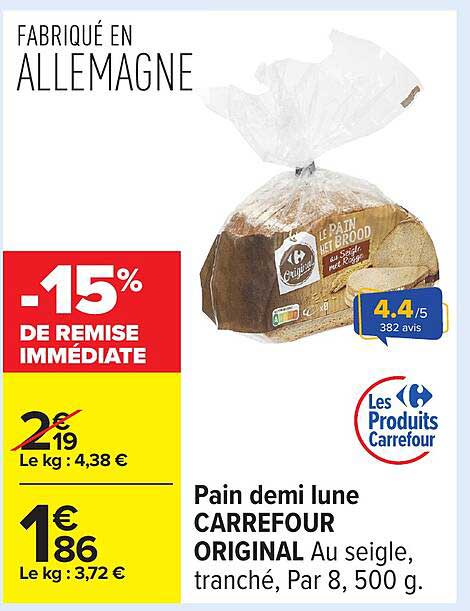 Pain demi lune CARREFOUR ORIGINAL Au seigle, tranché, Par 8,500 g