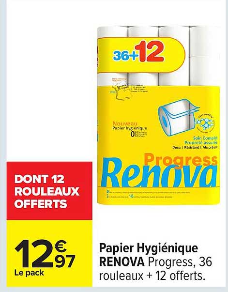 Papier Hygiénique RENOVA Progress, 36 rouleaux + 12 offerts.