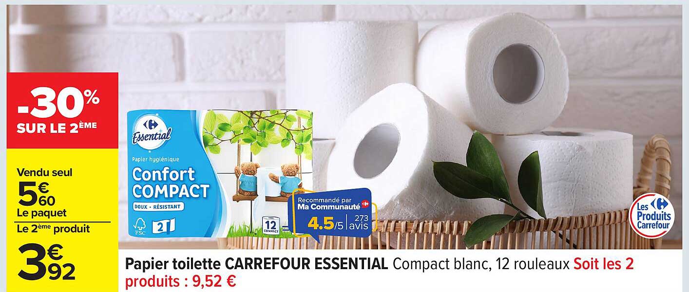 Papier toilette CARREFOUR ESSENTIAL Compact blanc, 12 rouleaux Soit les 2 produits : 9,52 €