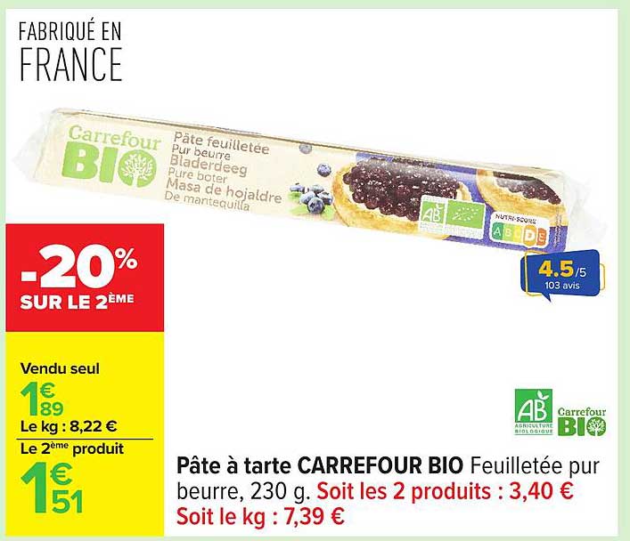 Pâte à tarte CARREFOUR BIO Feuilletée pur beurre, 230 g.