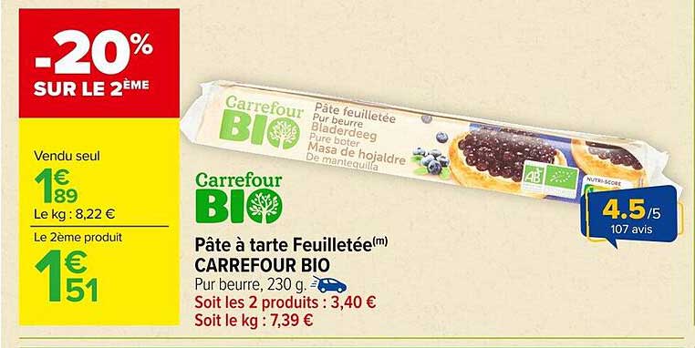 Pâte à tarte Feuilletée(m) CARREFOUR BIO