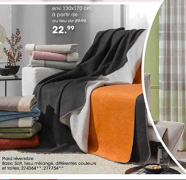 Plaid réversible Basic Soft, tissu mélangé, différentes couleurs et tailles