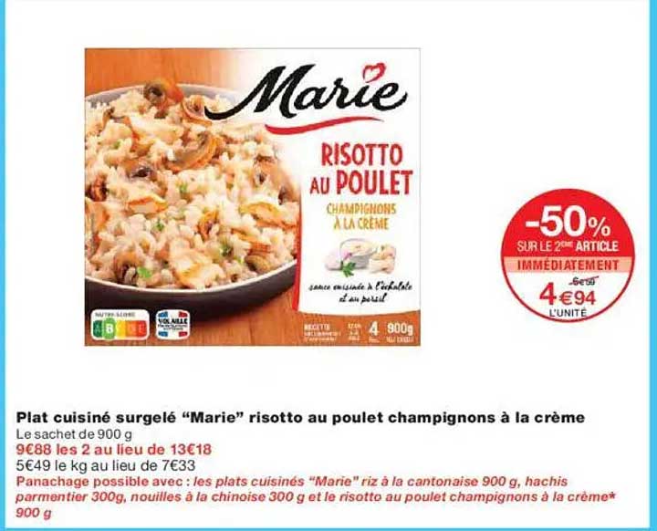 Plat cuisiné surgelé “Marie” risotto au poulet champignons à la crème