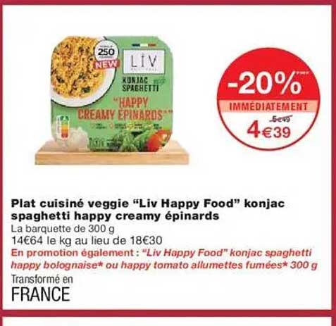 Plat cuisiné veggie “Liv Happy Food” konjac spaghetti happy creamy épinards