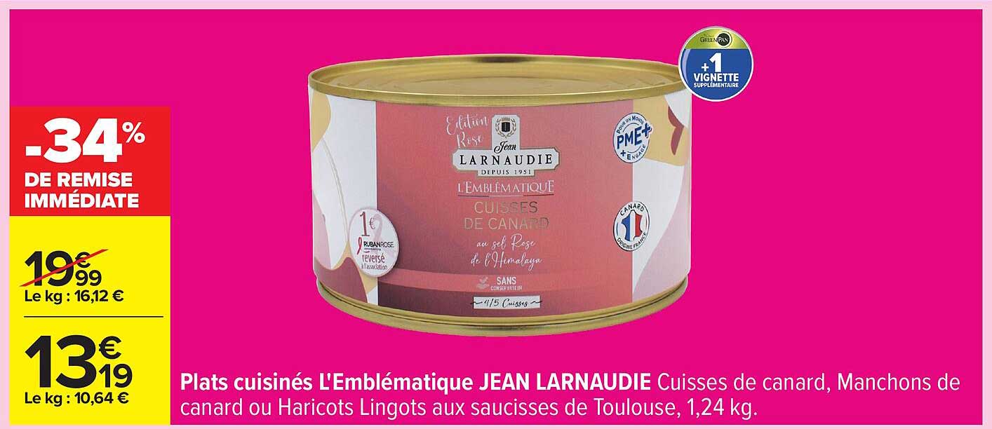 Plats cuisinés L'Emblématique JEAN LARNAUDIE Cuisses de canard, Manchons de canard ou Haricots Lingots aux saucisses de Toulouse, 1,24 kg.