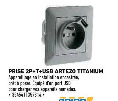 PRISE 2P+T+USB ARTEZO TITANIUM