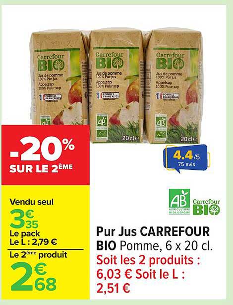 Pur Jus CARREFOUR BIO Pomme, 6 x 20 cl.