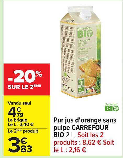Pur jus d'orange sans pulpe CARREFOUR BIO 2 L