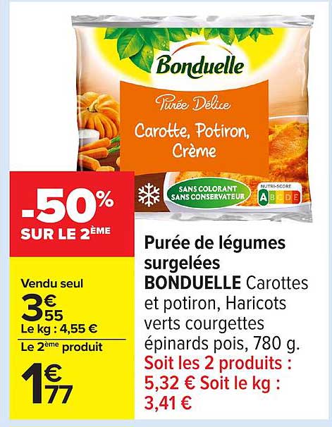 Purée de légumes surgelées BONDUELLE Carottes et potiron, Haricots verts courgettes épinards pois, 780 g