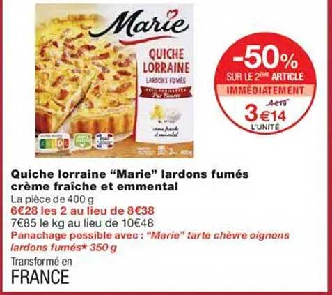 Quiche lorraine “Marie” lardons fumés crème fraîche et emmental