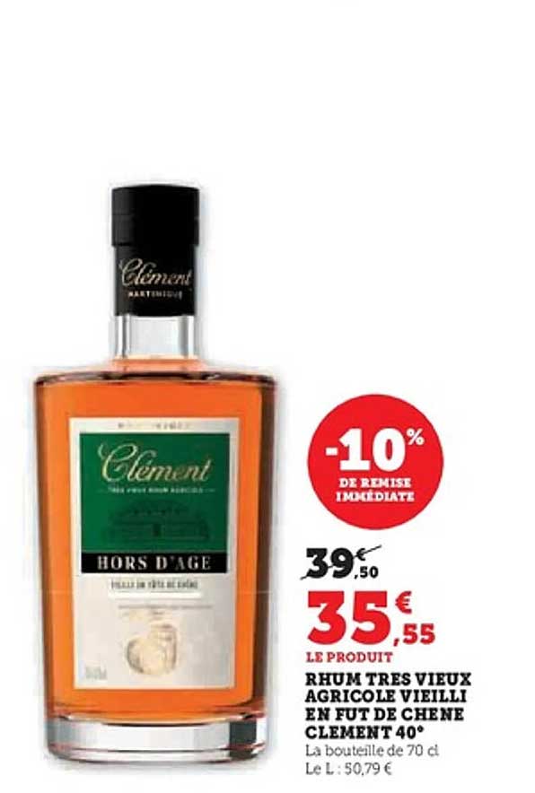 RHUM TRÈS VIEUX AGRICOLE VIEILLI EN Fût DE CHÊNE CLÉMENT 40°