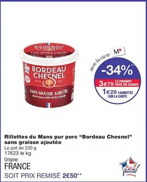 Rillettes du Mans pur porc “Bordeau Chesnel” sans graisse ajoutée