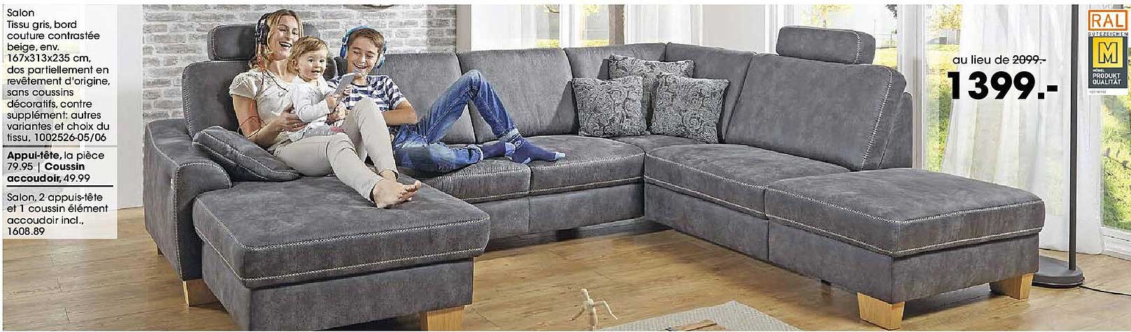 Salon tissu gris, bord couture contrastée beige