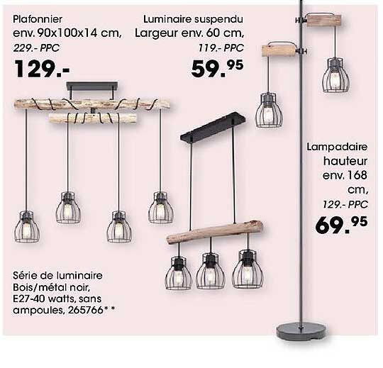 Série de luminaire Bois/métal noir, E27-40 watts, sans ampoules