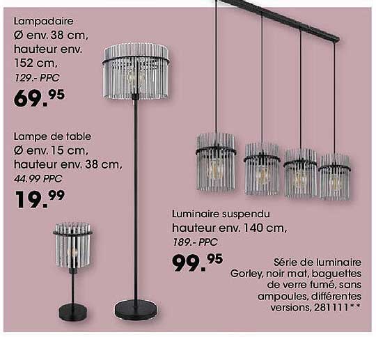 Série de luminaire Gorley, noir mat, baguettes de verre fumé, sans ampoules, différentes versions